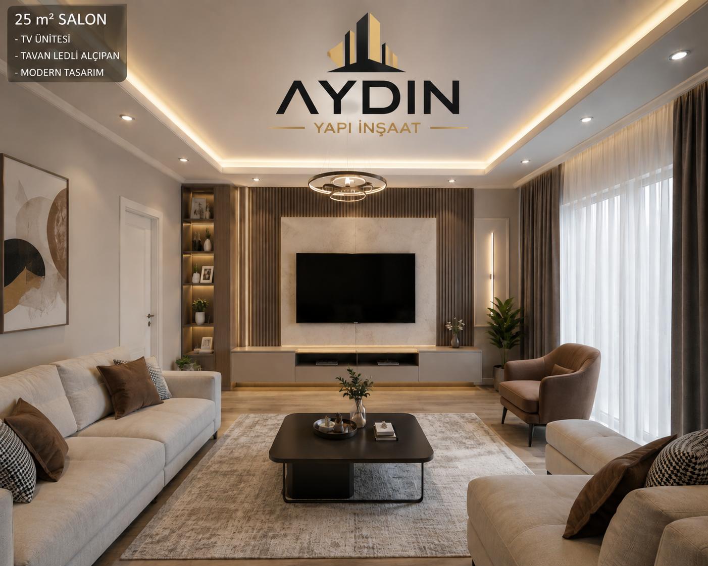 TV ünitesi, ledli alçıpan tavan ve modern salon tasarımı
